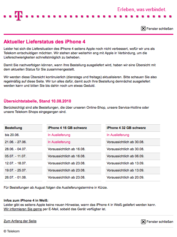 Lieferstatus des iPhone 4